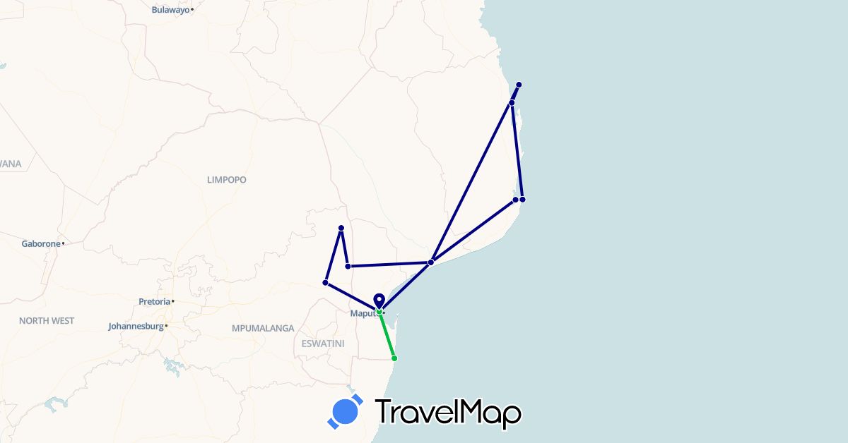 TravelMap itinerary: driving, bus in Mozambique, South Africa (Africa)